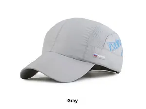 Detail of grey quick-dry baseball cap featuring breathable mesh and Russia flag embroidery
