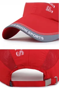 Detail view of red breathable mesh cap featuring gray brim and metal adjustable buckle