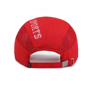 Red quick-dry sports baseball cap with mesh panels and adjustable metal buckle back