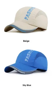 Detail of breathable mesh panels on beige and sky blue quick-dry sports baseball caps