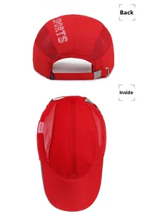 Detail view of red quick-dry sports cap featuring breathable mesh back and adjustable buckle