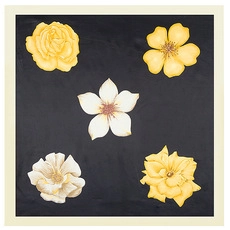 Close-up of colorful pebbles and stylized flowers pattern on the 60cm square silk scarf