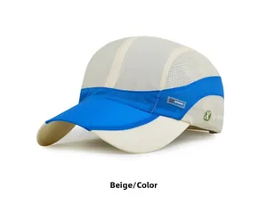 Detail of breathable mesh and sport lettering on beige and royal blue baseball cap