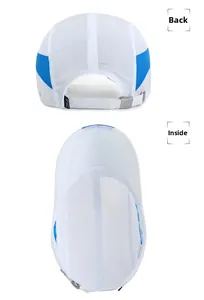 Detail view of breathable white mesh sports cap with back strap and interior stitching
