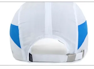 Detail view of adjustable metal buckle and breathable mesh on white outdoor sports cap