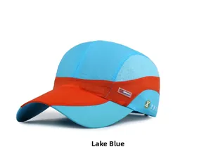 Detail view of lake blue quick-dry fabric with mesh side panels and sport label