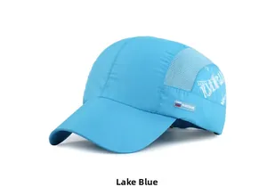 Close-up of lake blue quick-dry baseball cap with breathable mesh and Russia flag woven label