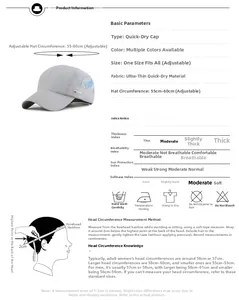 Detail of adjustable quick-dry sport cap in gray with size guide and fabric features