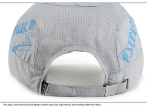 Detail of grey quick-dry mesh cap featuring a hardware buckle and adjustable strap