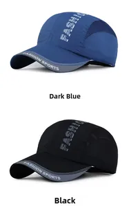 Detail showing breathable mesh sides and fashion lettering on dark blue and black caps