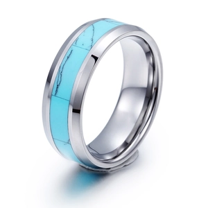 Polished silver tungsten ring for men featuring an inlaid turquoise stone with black veins