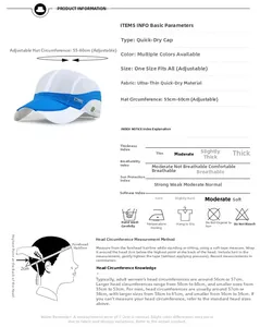 Size chart for adjustable quick-dry sun cap showing measurements 55-60cm and head size guide