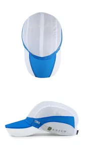 Macro detail of breathable mesh fabric and sport logo on blue-white baseball cap