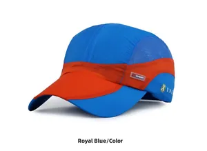 Detail of royal blue and orange color-block baseball cap with breathable mesh side panels