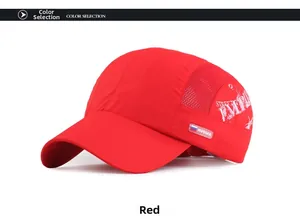 Detail of red quick-dry baseball cap featuring breathable mesh and Russia flag print