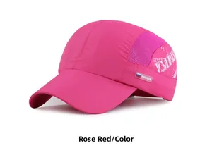 Detail of rose red sports cap featuring breathable mesh and Russia flag side label