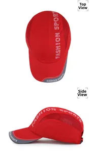 Detail view of red quick-dry sports cap featuring breathable mesh and Fashion Sports text