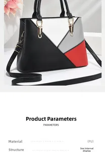 Close-up of color-block PU leather handbag showing golden hardware and detailed stitching