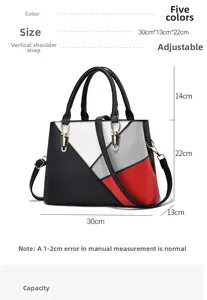 Detailed dimension guide for the color-block faux leather tote bag with size measurements