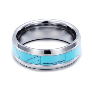 Polished tungsten ring for men featuring beveled edges and turquoise inlay detailing