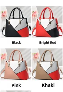 Four color options of women's leather tote bags with geometric patchwork and gold hardware