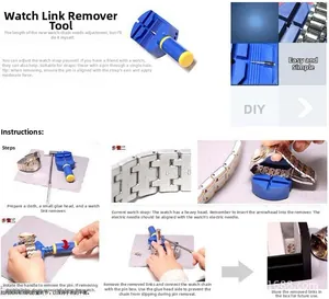 Guide for watch link removal tool showing step-by-step instructions for strap adjustment