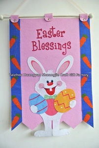 Close-up of pink Easter felt banner with white bunny and 'Easter Blessings' text
