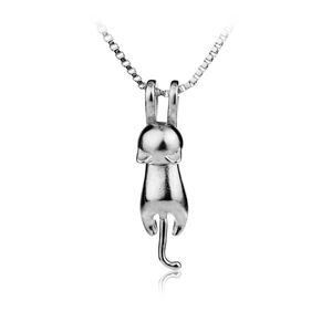 Detailed close-up of S925 sterling silver playful cat pendant on a box chain
