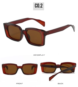 Three-view display of rectangular dark tortoise sunglasses with brown lenses and wide temples