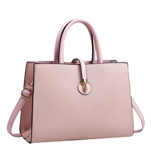 Pink faux leather trapezoid handbag with woven texture and golden clasp for women