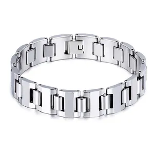 Men Tungsten Steel Bracelet Polished Silver Tone Watchband Link Chain Punk Industrial Style Wristband Jewelry