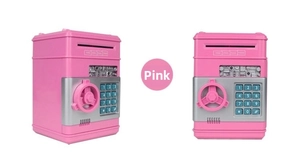 Pink ATM piggy bank for kids featuring digital keypad, rotary knob and dual view design