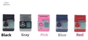 Detailed view of kids' electronic ATM piggy bank in five vibrant color variations