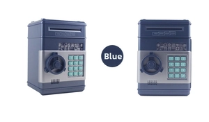 Close-up of blue electronic ATM piggy bank featuring digital keypad and rotary lock details