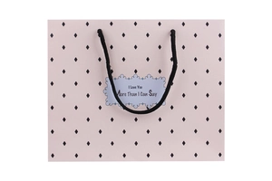 Close-up of pink gift paper bag with black polka dots and blue decorative frame detail