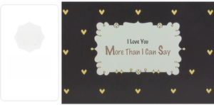 Detail of a black gift bag featuring yellow hearts and I Love You More Than I Can Say text