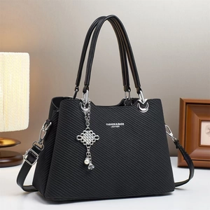 Women Fashion PU Leather Handbag Woven Texture Shoulder Bag Large Capacity Crossbody Bag With Artificial Pearl Pendant Silver Hardware