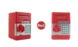 Close-up of red ATM piggy bank keypad and simulation rotary lock detail