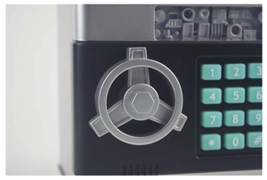 Detailed close-up of ATM piggy bank keypad with mint green buttons and silver finish