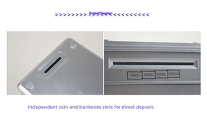 Detail showing separate coin and banknote slots on silver metallic ATM savings bank