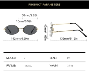 Detailed size parameters for rimless oval sunglasses with metal temples and PC lenses
