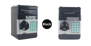 Detail view of black electronic ATM piggy bank with digital keypad and auto-scroll slot