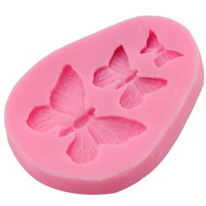 Pink silicone fondant mold featuring three different sizes of butterfly designs