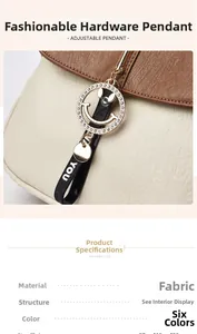 Detail of stylish metal smiley charm with rhinestones and ribbon on textured leather bag