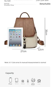 Detail view of stylish two-tone backpack dimensions and daily essentials capacity