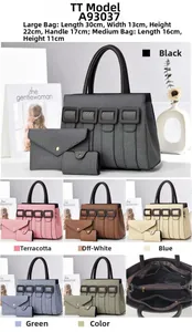 Detailed size chart for large and medium PU leather tote bags with multi-color options