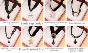 Detailed grid of chokers with lace, velvet, and charms like stars and pearls
