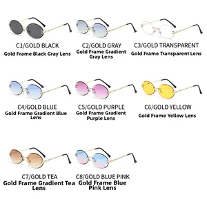 Matrix display of eight rimless oval sunglasses with gold metal C-decor temples and multi-color lenses