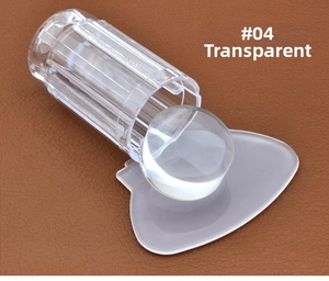 Detailed view of #04 transparent silicone nail art stamper with a clear scraper set