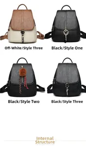 Collage of four women's PU leather backpacks in cream and black with cute animal charms